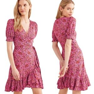 Boden Pink Paisley Wrap Dress with Ruffle Hem